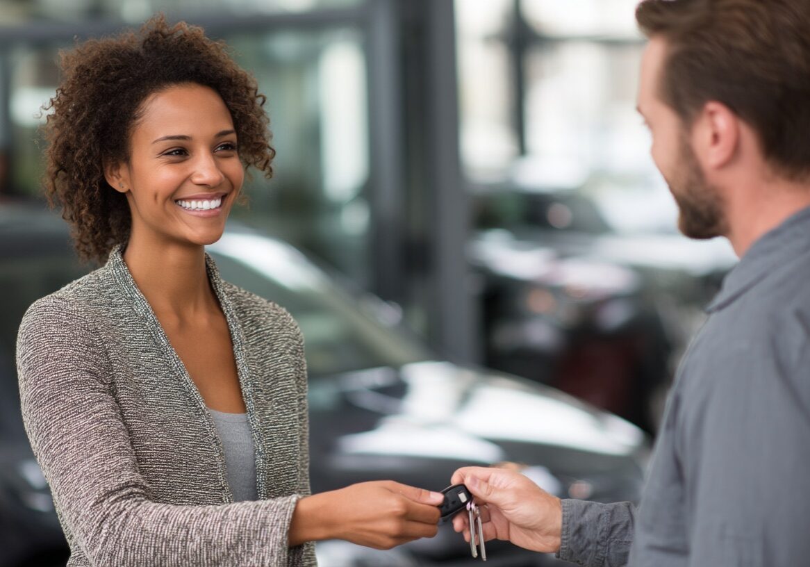 A clear, direct, and trustworthy scene focused on a vehicle trade-in at Napleton Downtown Chicago. A diverse customer (e.g., a male or female, any ethnicity, looking confident) is handing over the keys to their well-maintained pre-owned vehicle to a friendly, professional Napleton staff member (wearing clean, branded attire). The staff member accepts the keys with an open, transparent gesture, conveying a fair and honest exchange. The scene highlights the direct interaction and the physical representation of the trade-in, without any digital screens in focus. The background is a modern, clean dealership appraisal bay or outdoor lot, subtly showing other vehicles. The overall mood is practical, honest, and reassuring. Professional, crisp lighting, high resolution.